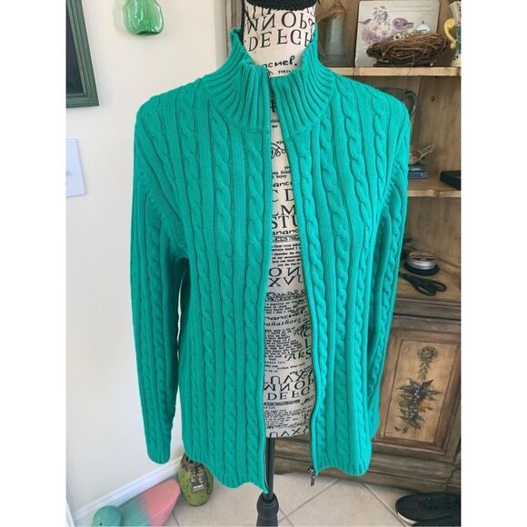 LL Bean Sweater Large Green Cable Knit Full Zip Cardigan - Picture 1 of 7